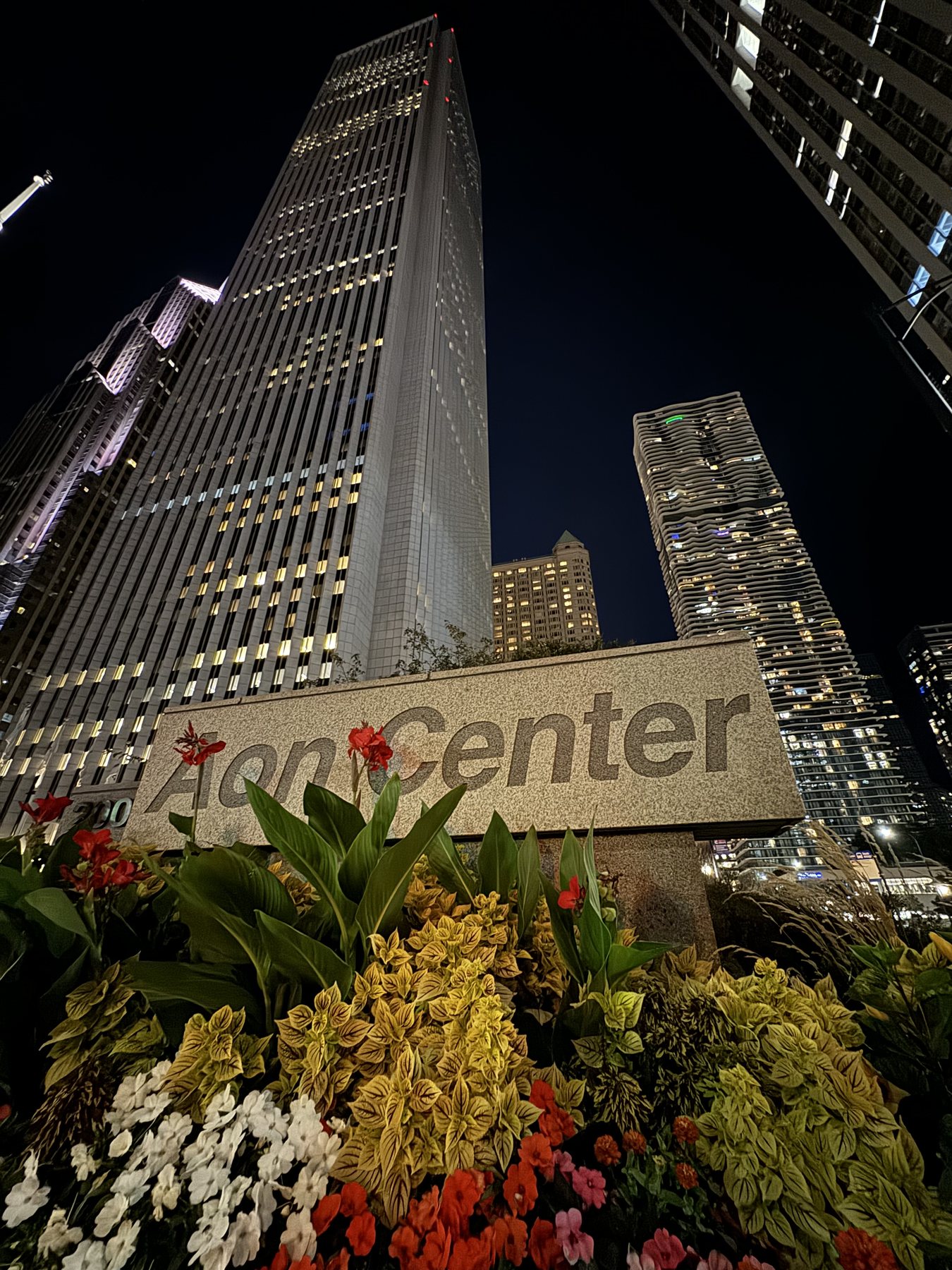 Aon Center granite sign at night, with the tower rising behind the garden