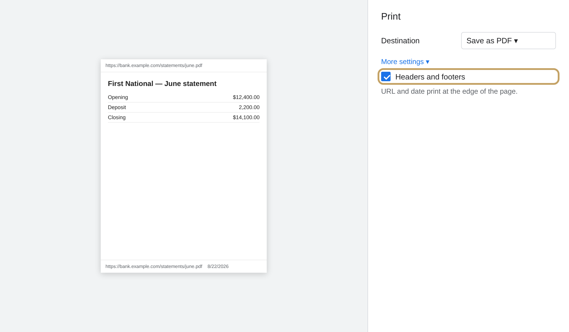 More settings. Turn on Headers and footers so the URL and date print.